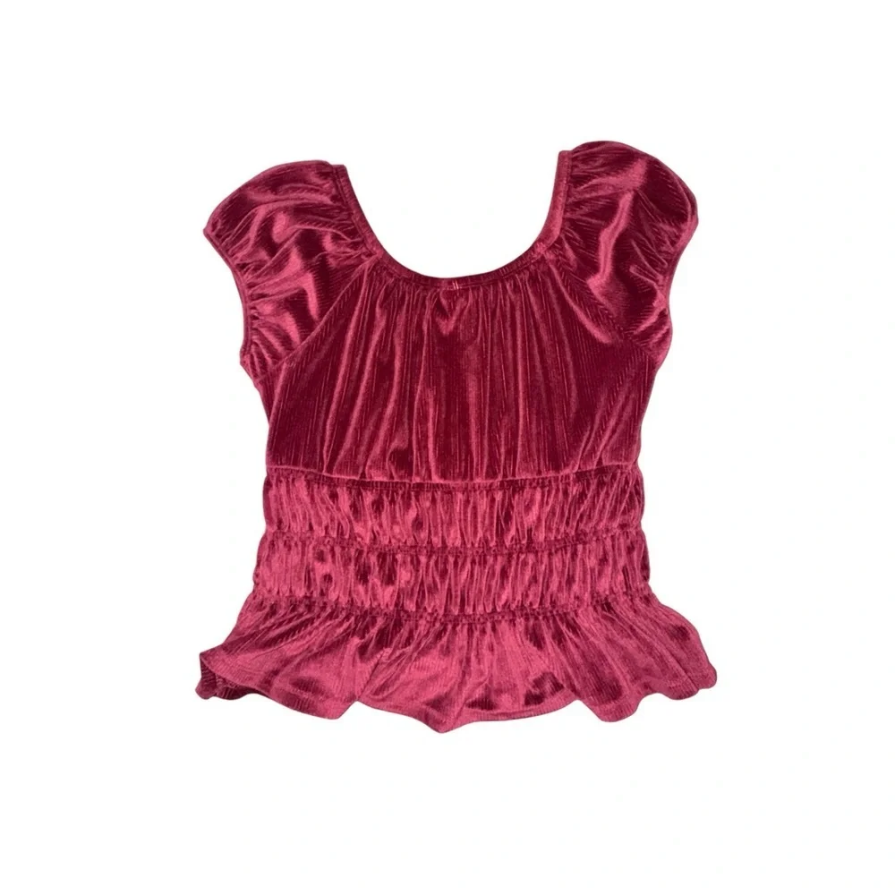 Justice Shirred Scoop Neck Top in Burgundy Short Puff Sleeve Peasant Style Shirt